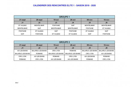 Calendrier ELITE 1 saison 2019-2020