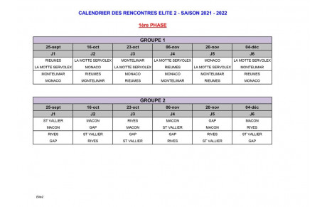 CALENDRIER ELITE 2 saison 2021-2022