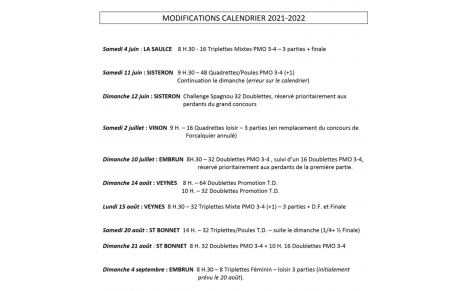 Quelques modifications au calendrier du district 04-05
