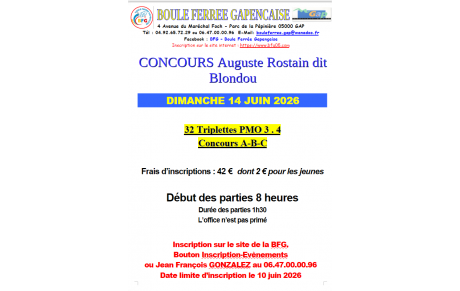 Concours 32 triplettes à GAP LE 14 juin au lieu du 13 juin